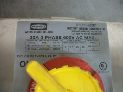 HUBBELL SS CIRCUIT-LOCK ROTARY MOTOR CONTROLLER HBL1 30AMP 600VOLT 3PH 20HP