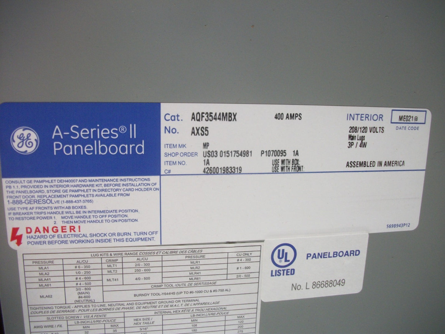 GE A-SERIES II 64" PANELBOARD INTERIOR AQF3544MBX & BOX ENCLOSURE AB64B NIB