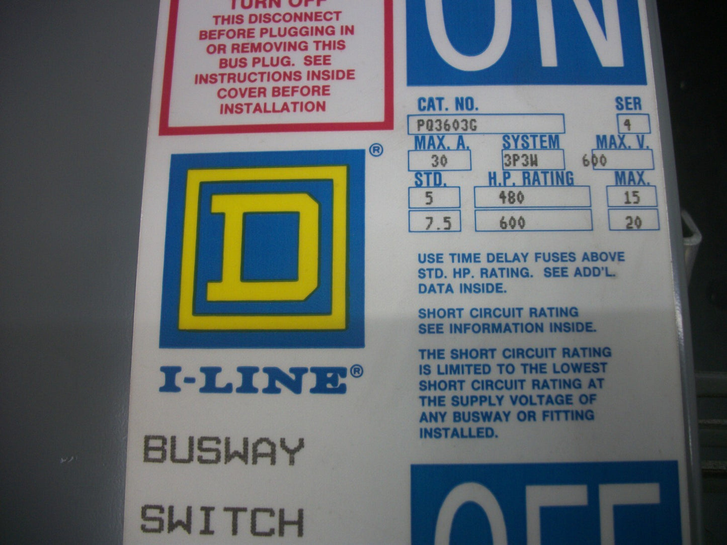 SQUARE D I-LINE FUSIBLE BUS PLUG PQ3603G 30AMP 600VOLT 3POLE 3W NIB