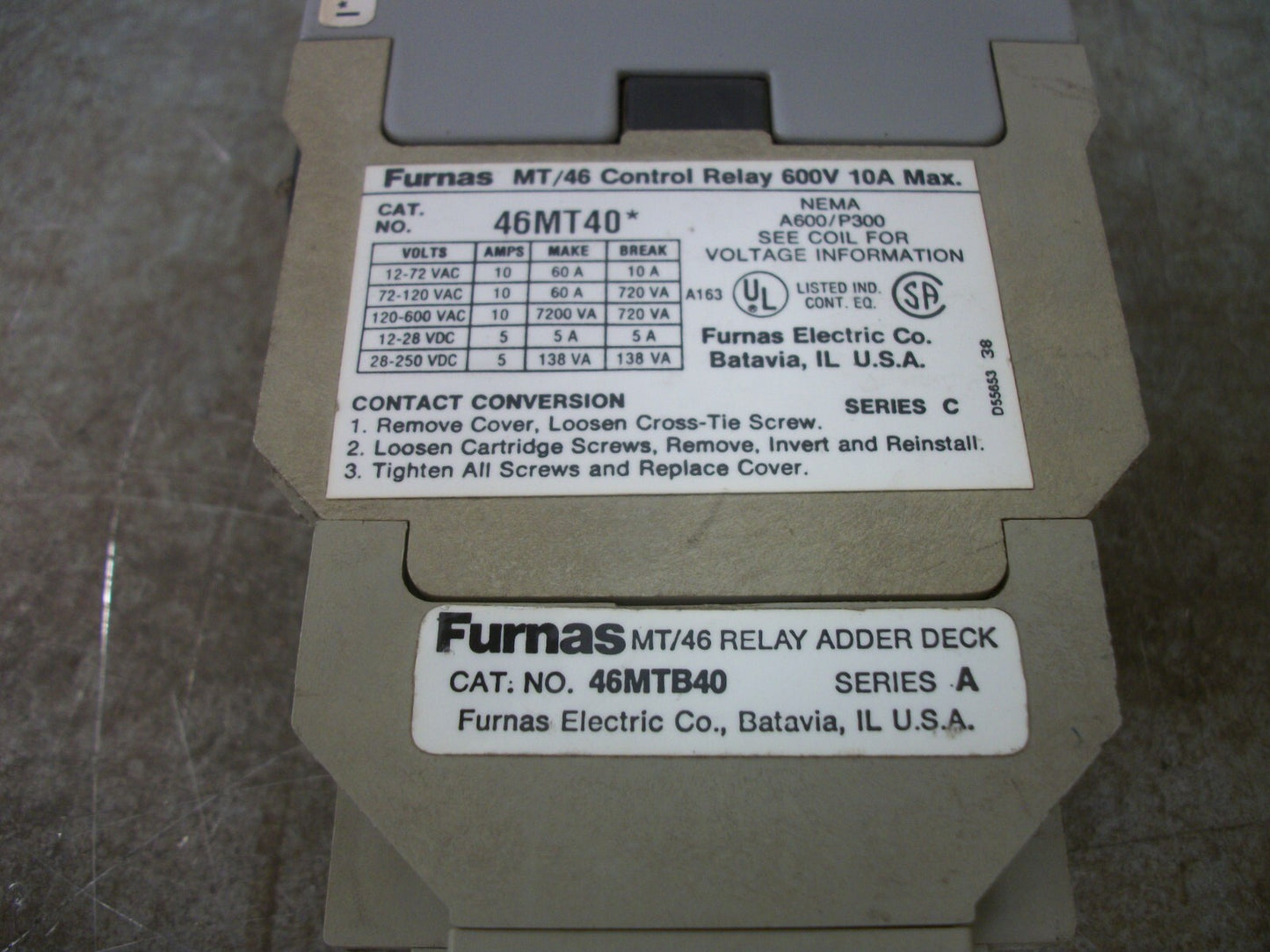 FURNAS MT/46 CONTROL RELAY 46MT40* 120VCOIL 10AMP 600VOLT