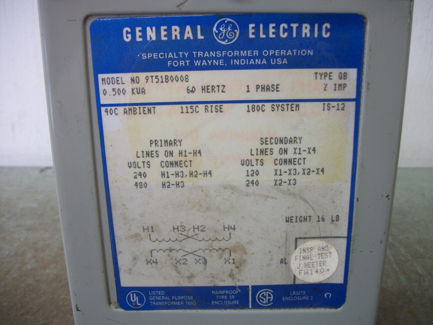 GE 0.500KVA 1PH TRANSFORMER 9T51B0008 HV 240X480 LV 120/240 NOB