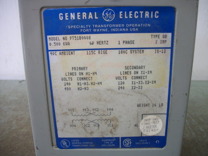 GE 0.500KVA 1PH TRANSFORMER 9T51B0008 HV 240X480 LV 120/240 NOB