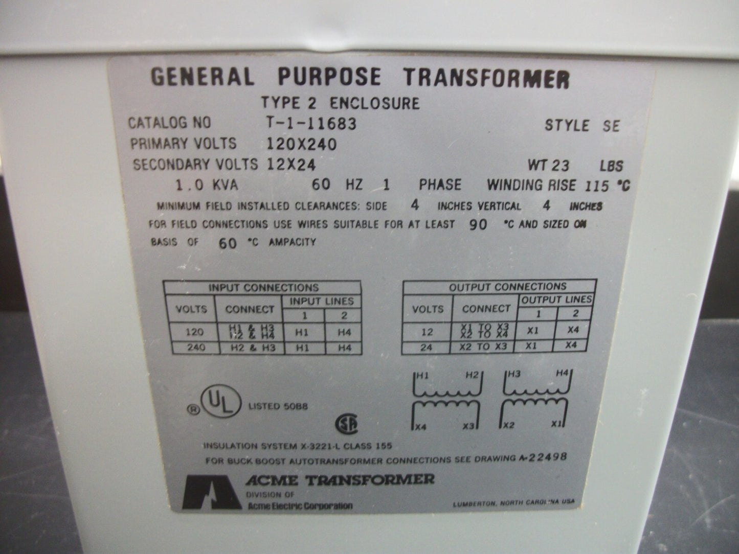 ACME 1KVA 1PH TRANSFORMER T-1-11683 HV 120X240 LV 12X24 NIB