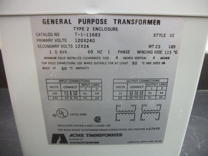 ACME 1KVA 1PH TRANSFORMER T-1-11683 HV 120X240 LV 12X24 NIB