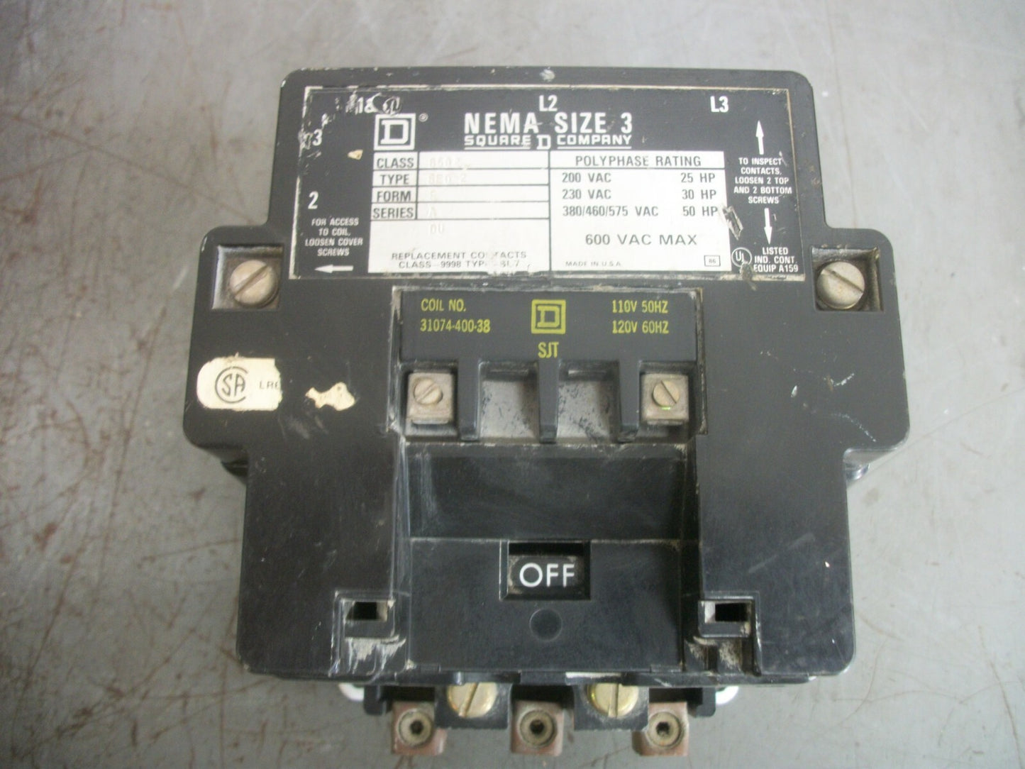 SQUARE D SIZE 3 CONTACTOR 8502SEO2 120VCOIL 3PH 600V 50HP