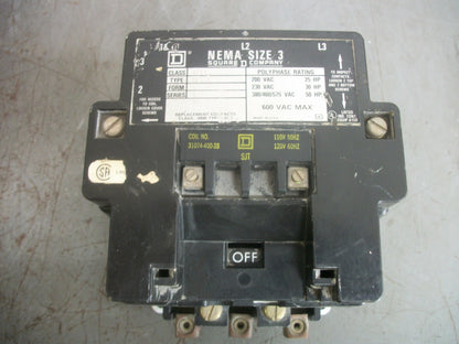 SQUARE D SIZE 3 CONTACTOR 8502SEO2 120VCOIL 3PH 600V 50HP