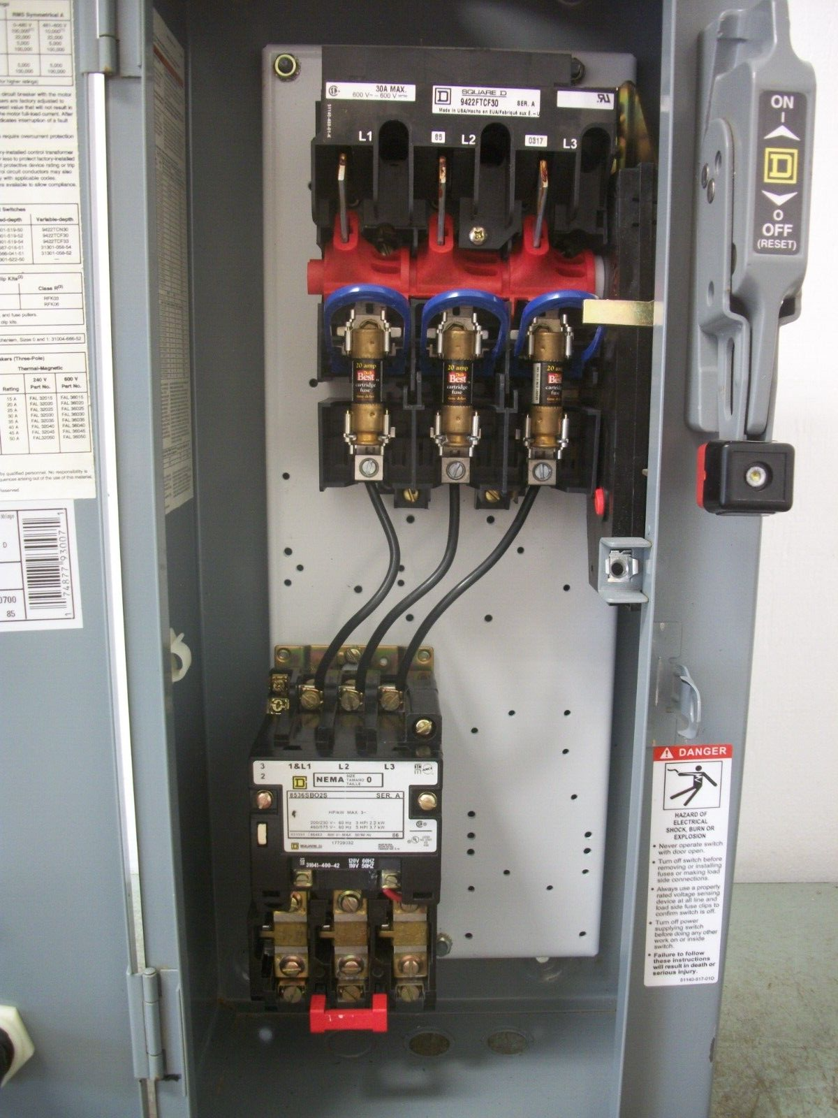 SQUARE D STARTER COMBO SIZE 0 TYPE 1 8536SBO2S 120VCOIL 600V 3PH 30AMP FUSIBLE