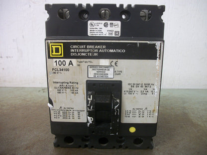 SQUARE D FCL CIRCUIT BREAKER FCL34100 100AMP 480VOLT 3POLE GRAY