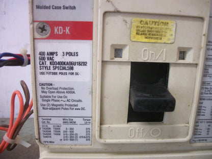 CUTLER-HAMMER KD-K MOLDED CASE SWITCH KD3400KA06U18Z02 400A 600V 3P W/ UV & AUX
