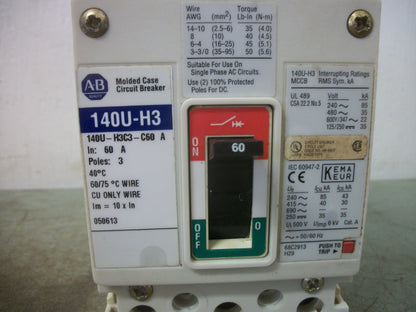 ALLEN-BRADLEY 140U-H3 CIRCUIT BREAKER 140U-H3C3-C60 60AMP 600VOLT 3POLE