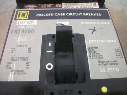SQUARE D I-LINE FA CIRCUIT BREAKER FA34100 100AMP 480VOLT 3POLE GRAY