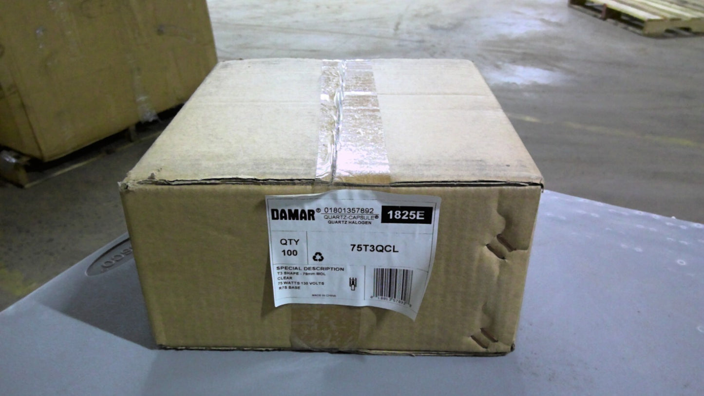 DAMAR 1825E BOX OF 100 CLEAR  79MM T3 QUARTZ-CAPSULE HALOGEN BULBS 75T3QCL NIB