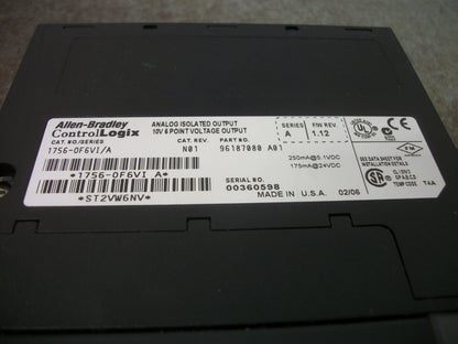 ALLEN-BRADLEY CONTROL LOGIX ANALOG ISOLATED OUTPUT 10V 6PT MODULE 1756-OF6VI/A