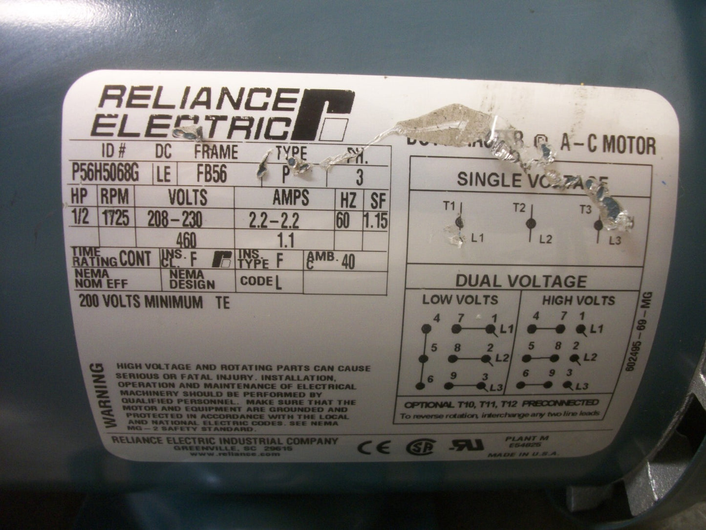 RELIANCE 1/2HP FB56 TE AC MOTOR P56H5068G 460VOLT 3PH 1725RPM