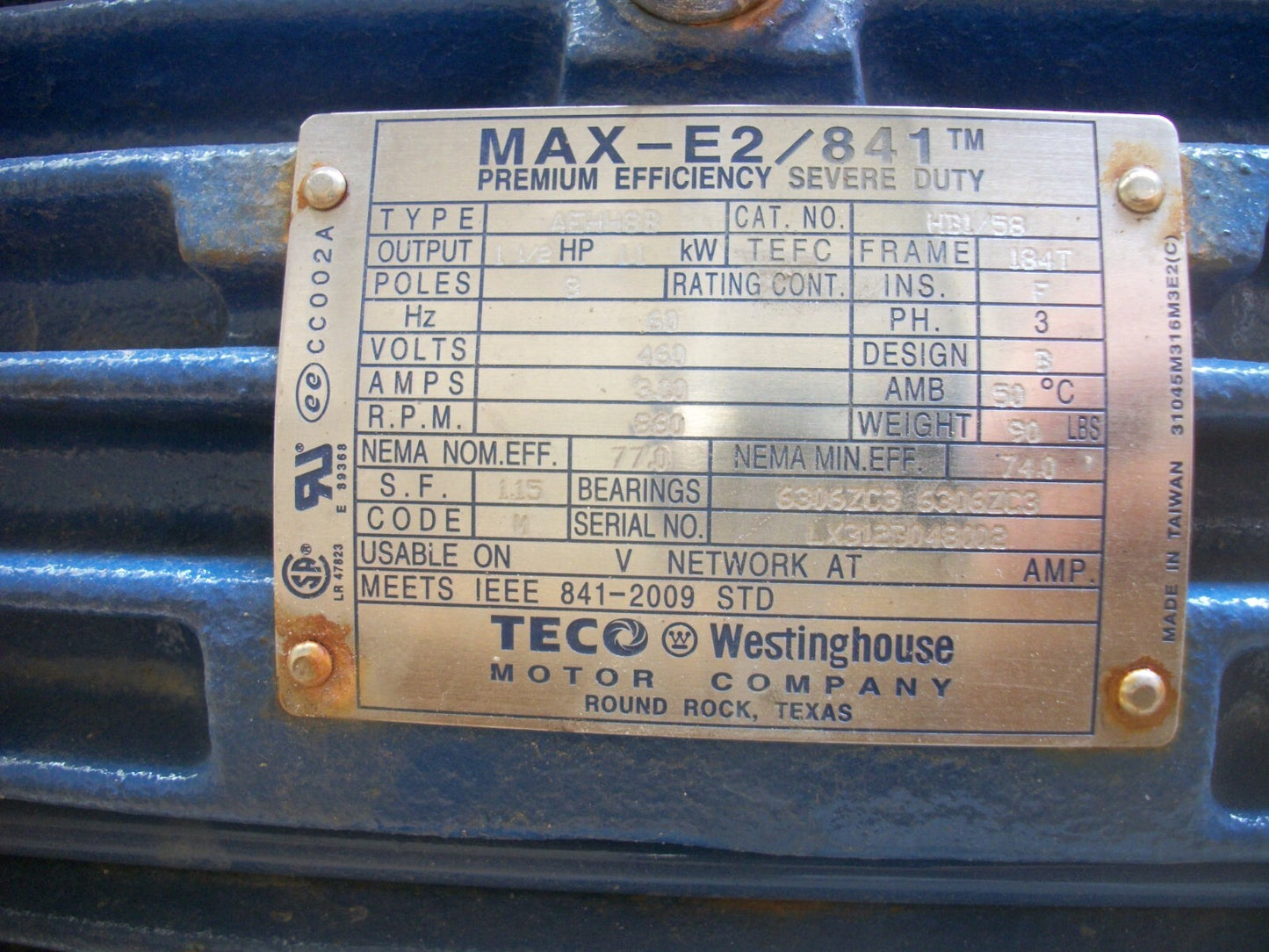 TECO WESTINGHOUSE MAX-E2/841 1.5HP 184T TEFC AC MOTOR HB1/58 460V 3PH 860RPM NEW