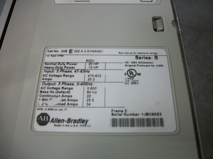 ALLEN-BRADLEY POWERFLEX 700 20HP AC DRIVE 20BE022A3AYNAND1 600VOLT 3PH 22AMP
