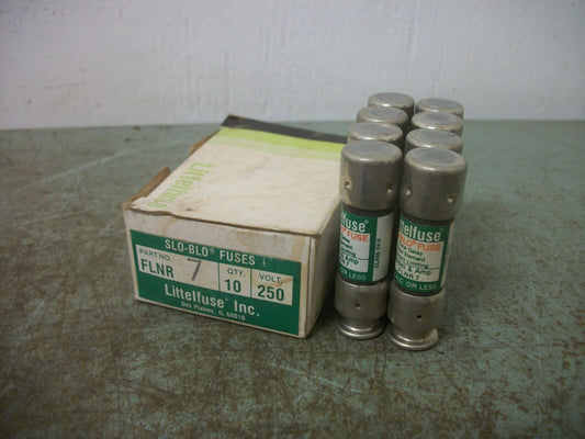 LITTELFUSE BOX OF 8 SLO-BLO FUSES FLNR7 7AMP 250VOLT NIB