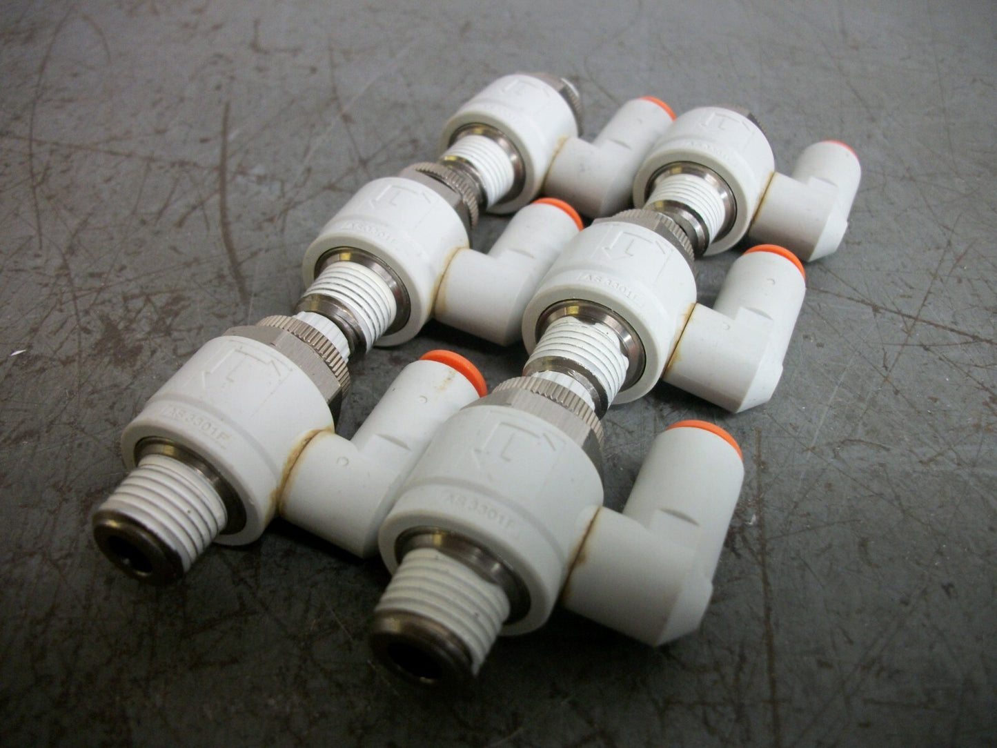 SMC LOT OF 6 1/4" PUSH TO CONNECT SPEED CONTROL VALVES AS3301F NOB