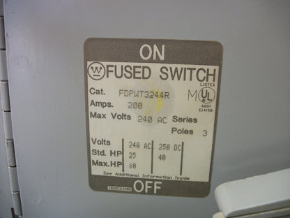 WESTINGHOUSE FUSIBLE PANELBOARD BRANCH SWITCH FDPWT3244R 200AMP 240VOLT 3POLE