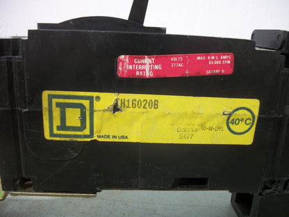 SQUARE D I-LINE FH CIRCUIT BREAKER FH16020B 20AMP 600VOLT 1POLE GRAY