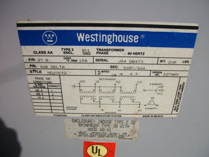 WESTINGHOUSE 27KVA 3PH TRANSFORMER MD27E92 HV 460D LV 460Y/266