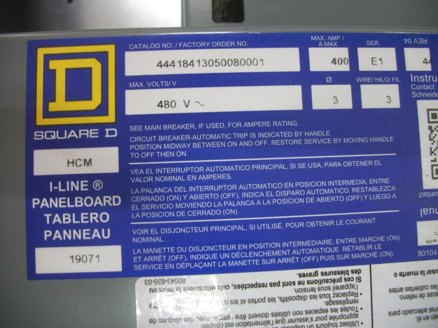 SQUARE D HCM I-LINE LOAD CENTER PANELBOARD 44418413050080001 400AMP 480V 3PH