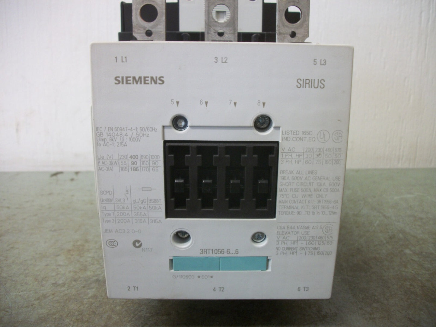 SIEMENS CONTACTOR 3RT1056-6AF36 195AMP 110-127VCOIL 3PH 600V 3POLE 200HP