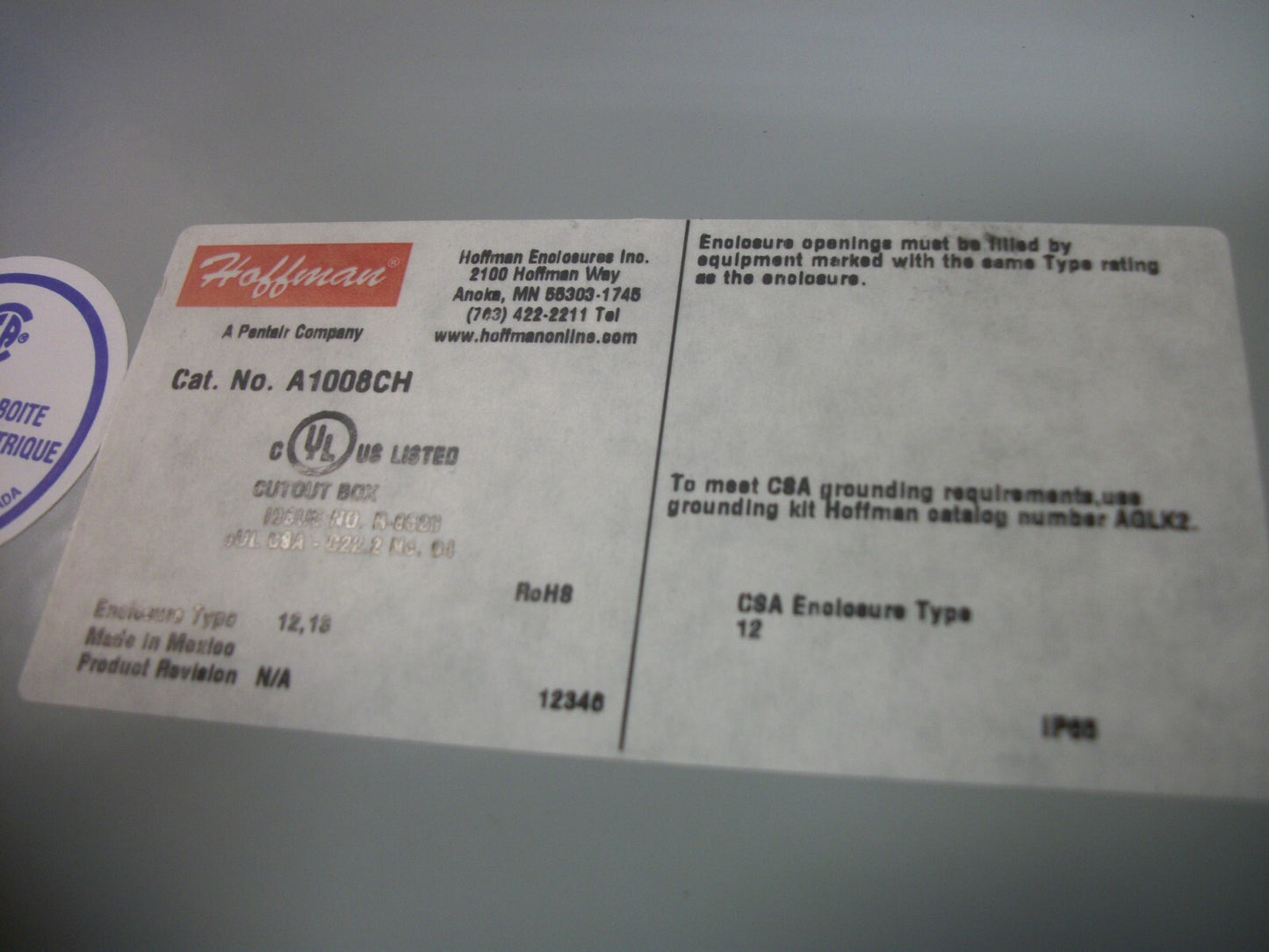 HOFFMAN 10 X 8 X 4 ENCLOSURE TYPE 12,13 A1008CH NEW OTHER