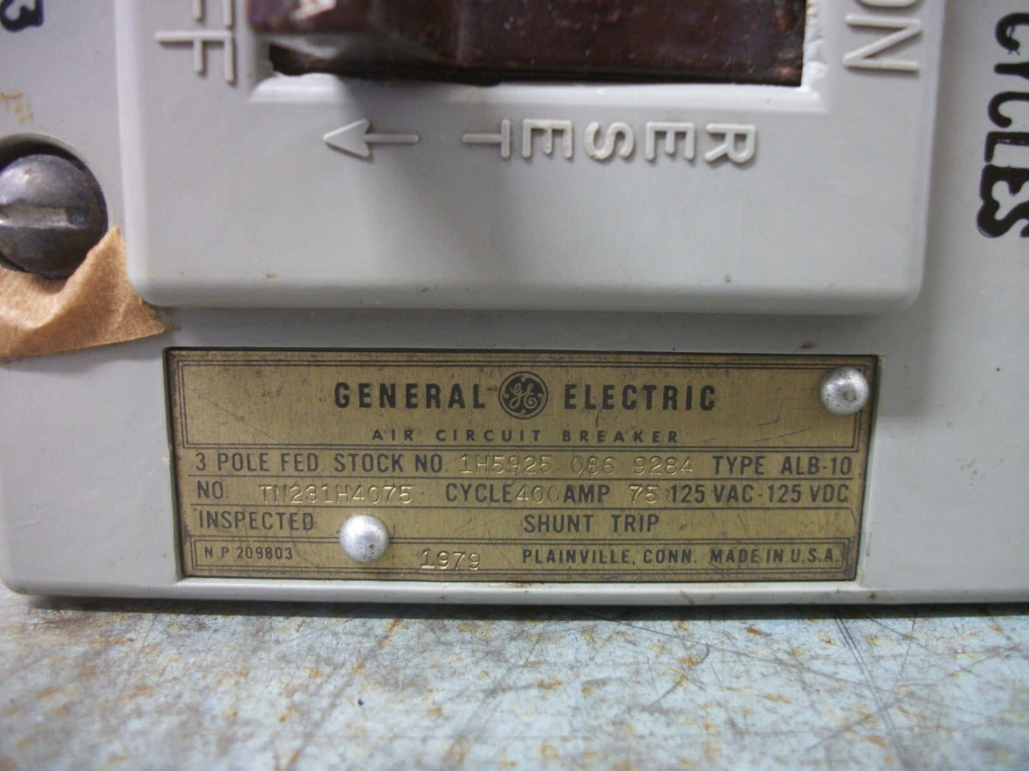 GE ALB-10 AIR CIRCUIT BREAKER TN231H4075 75AMP 125VOLT 3POLE NOB