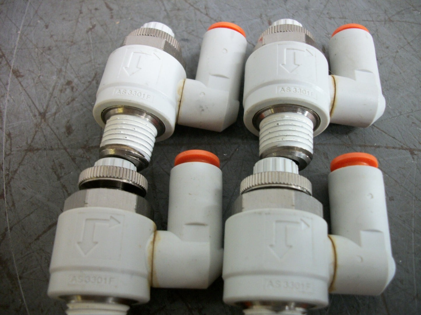 SMC LOT OF 6 1/4" PUSH TO CONNECT SPEED CONTROL VALVES AS3301F NOB