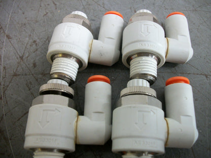 SMC LOT OF 6 1/4" PUSH TO CONNECT SPEED CONTROL VALVES AS3301F NOB