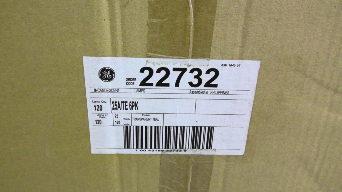 GE 22732 BOX OF 120 TRANSPARENT TEAL INCANDESCENT BULBS 25A/TE 6PK 25W 120V NIB