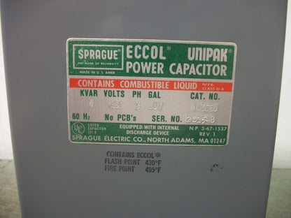 SPRAGUE ECCOL UNIPAK POWER CAPACITOR 143CEU 1KVAR 480VOLT 3PH NOB