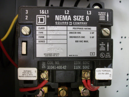 SQUARE D STARTER COMBO SIZE 0 8536SBO2 120VCOIL 30AMP FUSIBLE NOB