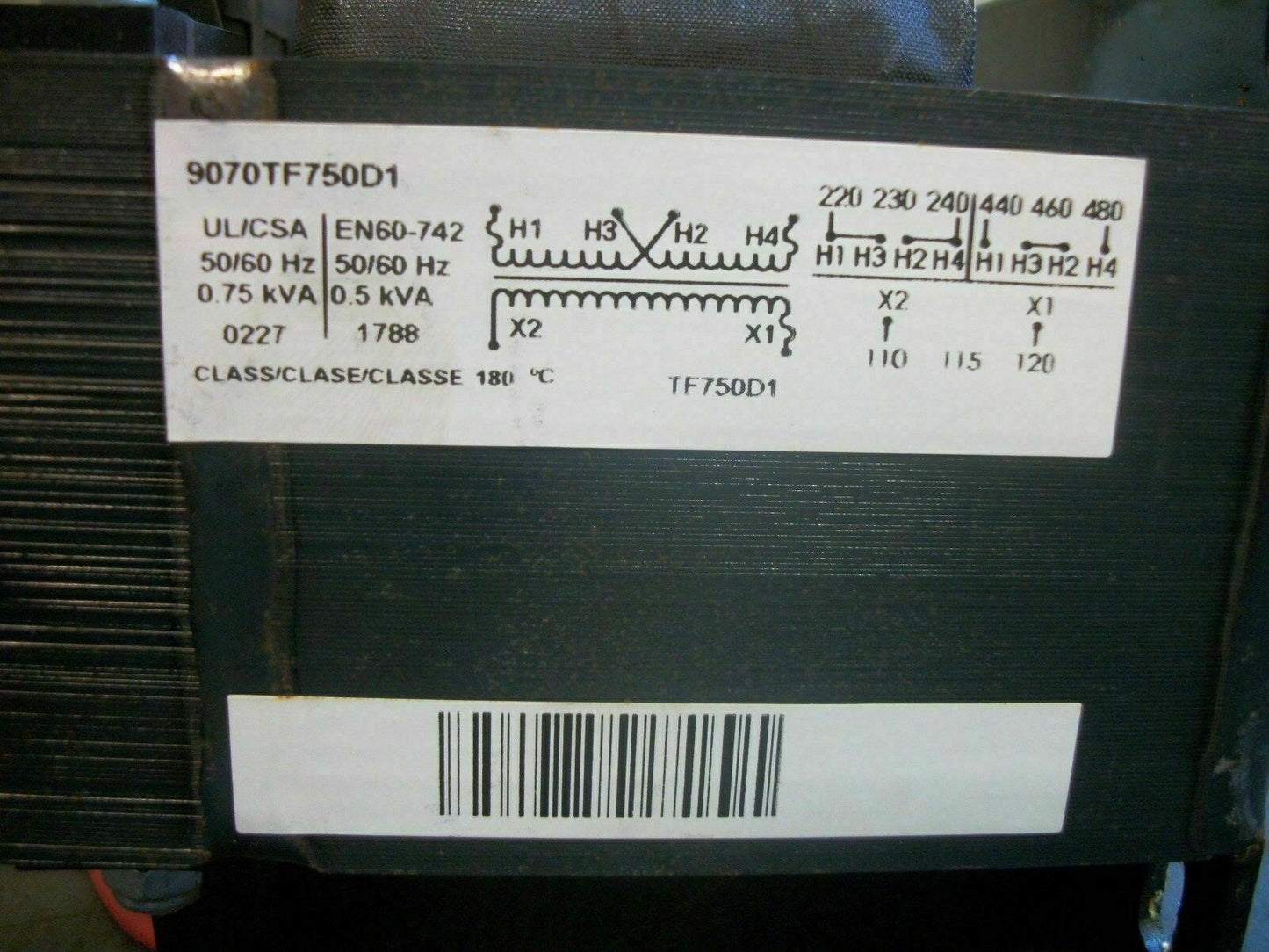 SQUARE D 0.75KVA 1PH TRANSFORMER 9070TF750D1 HV 220X480 LV 110/120