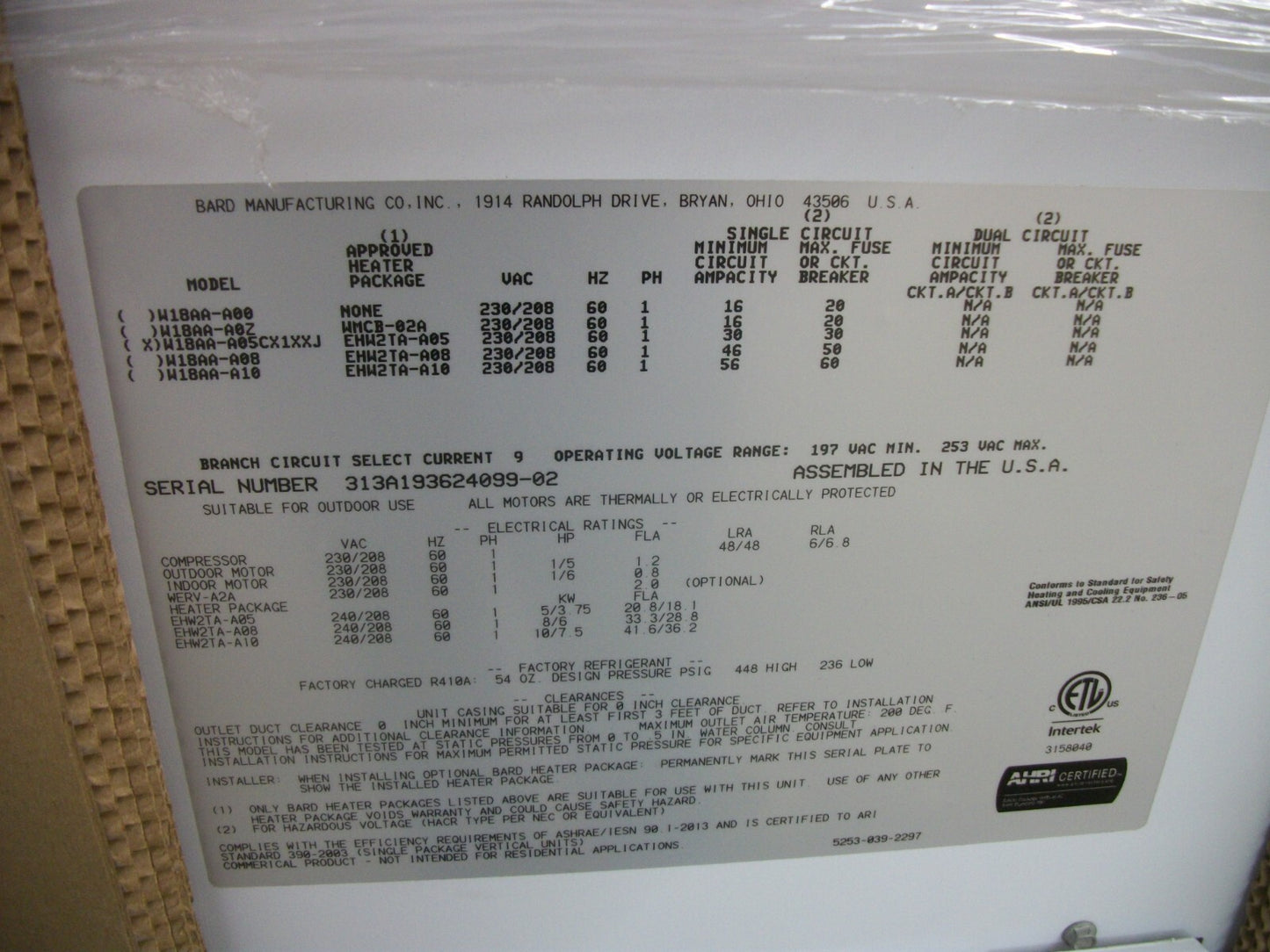 BARD WALL MOUNT 1.5 TON AIR CONDITIONER W18AA-A05CX1XXJ NEW