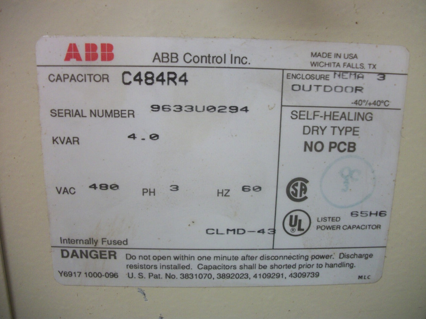 ABB 4KVAR 3PH CAPACITOR TYPE 3R C484R4 480VOLT NOB