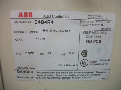 ABB 4KVAR 3PH CAPACITOR TYPE 3R C484R4 480VOLT NOB