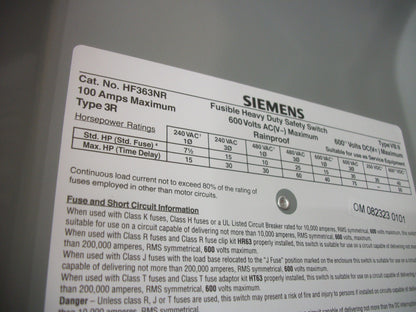 SIEMENS DISCONNECT TYPE 3R HF363NR 100AMP 600VOLT 3POLE FUSIBLE NIB