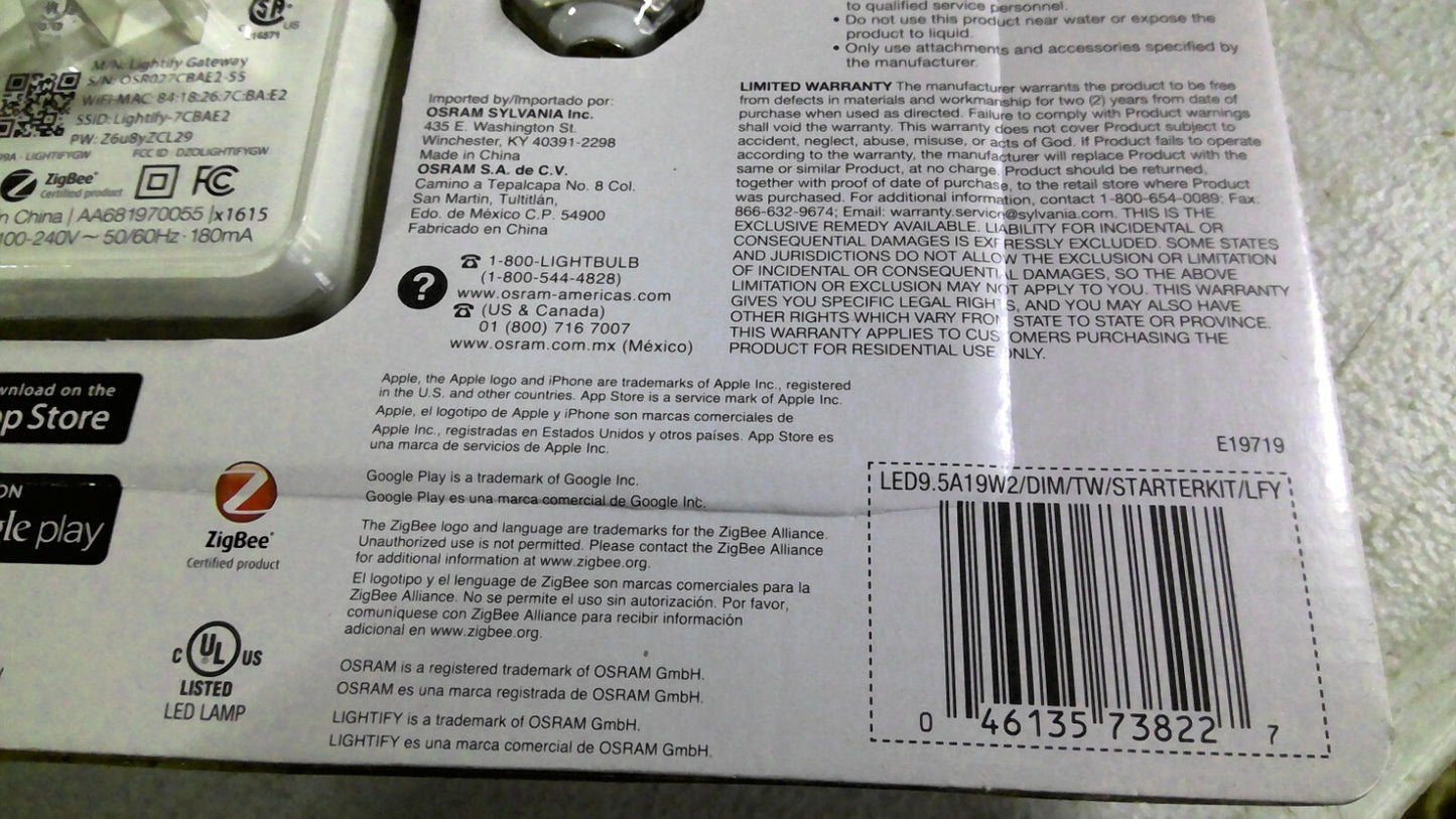 OSRAM LIGHTIFY LED SMART CON LIGHT STARTER KIT LED9.5A19W2/DIM/TW/STARTERKIT/LFY