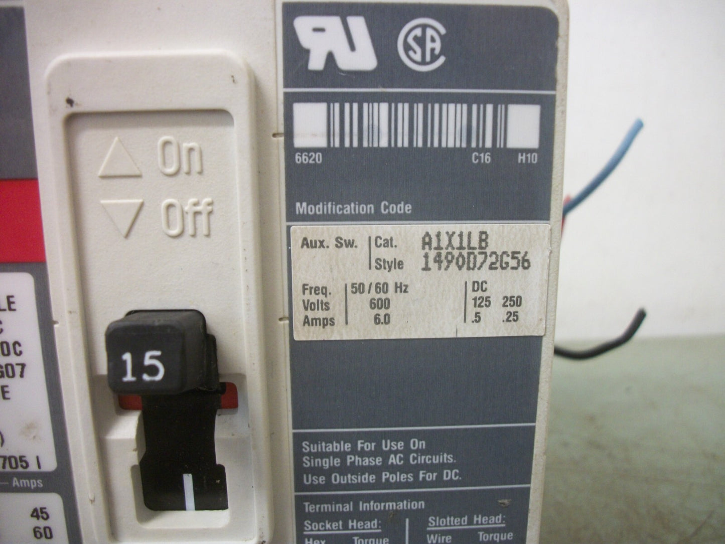 WESTINGHOUSE HMCP CIRCUIT BREAKER HMCP015E0C 15AMP 600VOLT 3POLE W/AUX