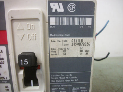 WESTINGHOUSE HMCP CIRCUIT BREAKER HMCP015E0C 15AMP 600VOLT 3POLE W/AUX