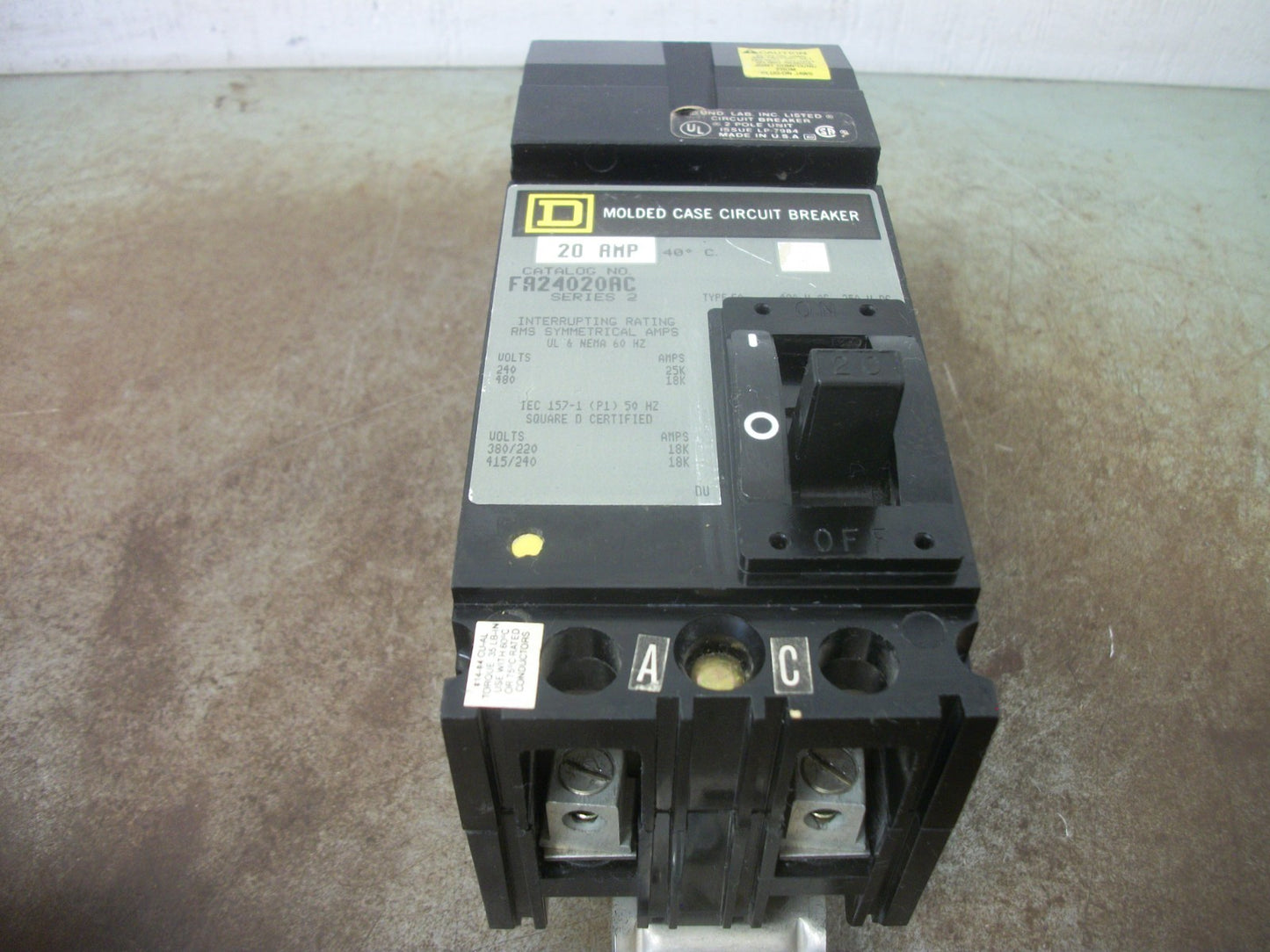 SQUARE D I-LINE FA CIRCUIT BREAKER FA24020AC 20AMP 480VOLT 2POLE GRAY