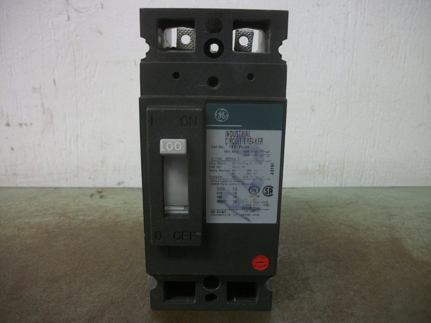 GE TED CIRCUIT BREAKER TED124100 100AMP 480VOLT 2POLE GREEN