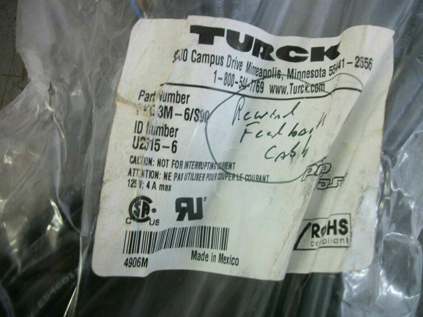 TURCK 6M 3WIRE STRAIGHT FEMALE CORDSET PKG3M-6/S90 NEW