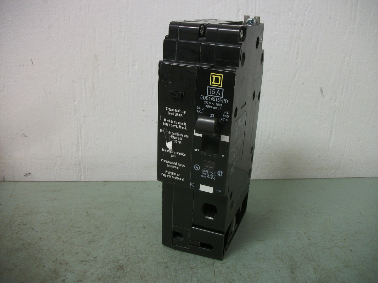 SQUARE D EQUIP PROTECT EDB CIRCUIT BREAKER EDB14015EPD 15AMP 277VOLT 1POLE NOB