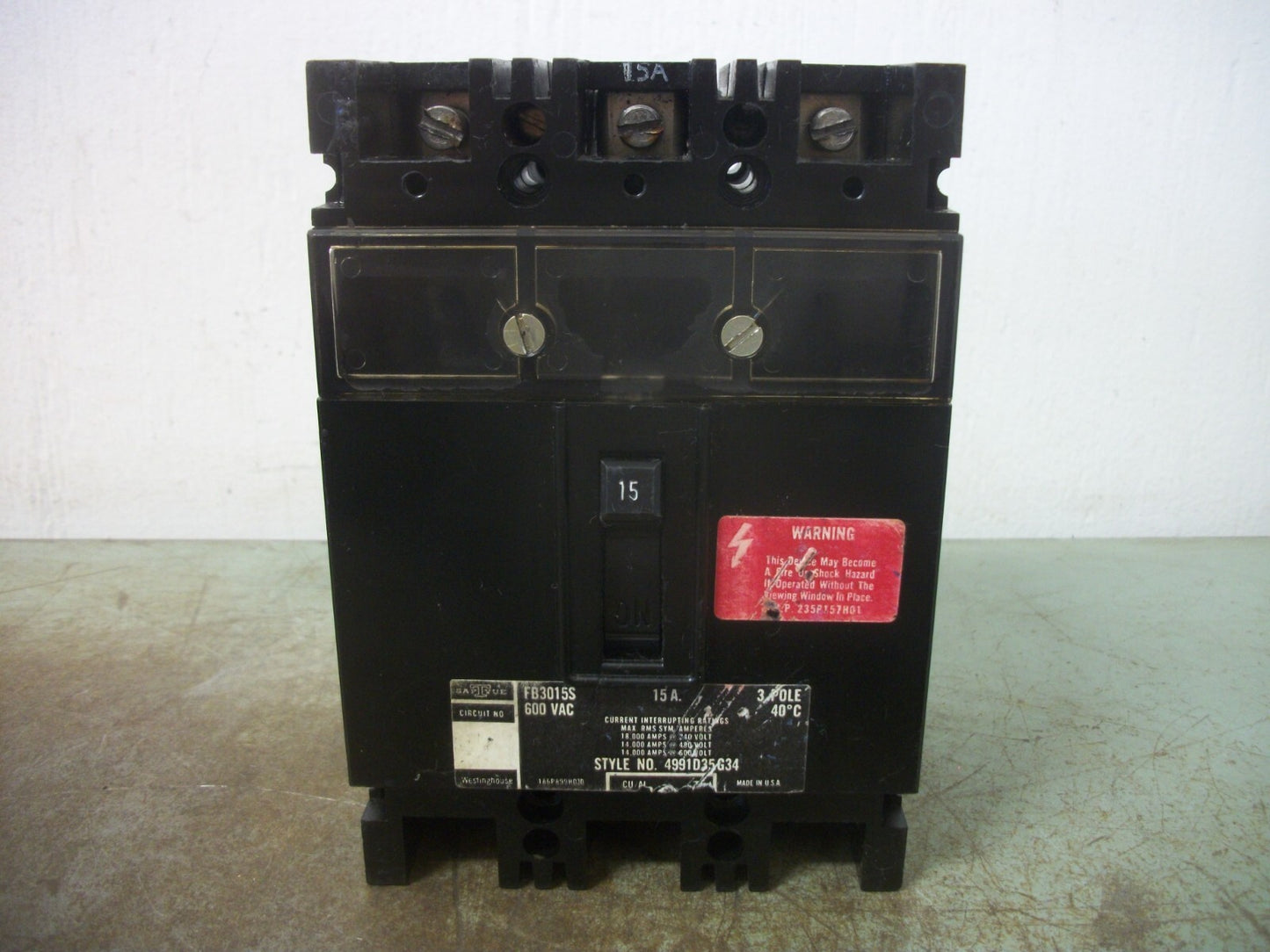 WESTINGHOUSE FB CIRCUIT BREAKER FB3015S 15AMP 600VOLT 3POLE