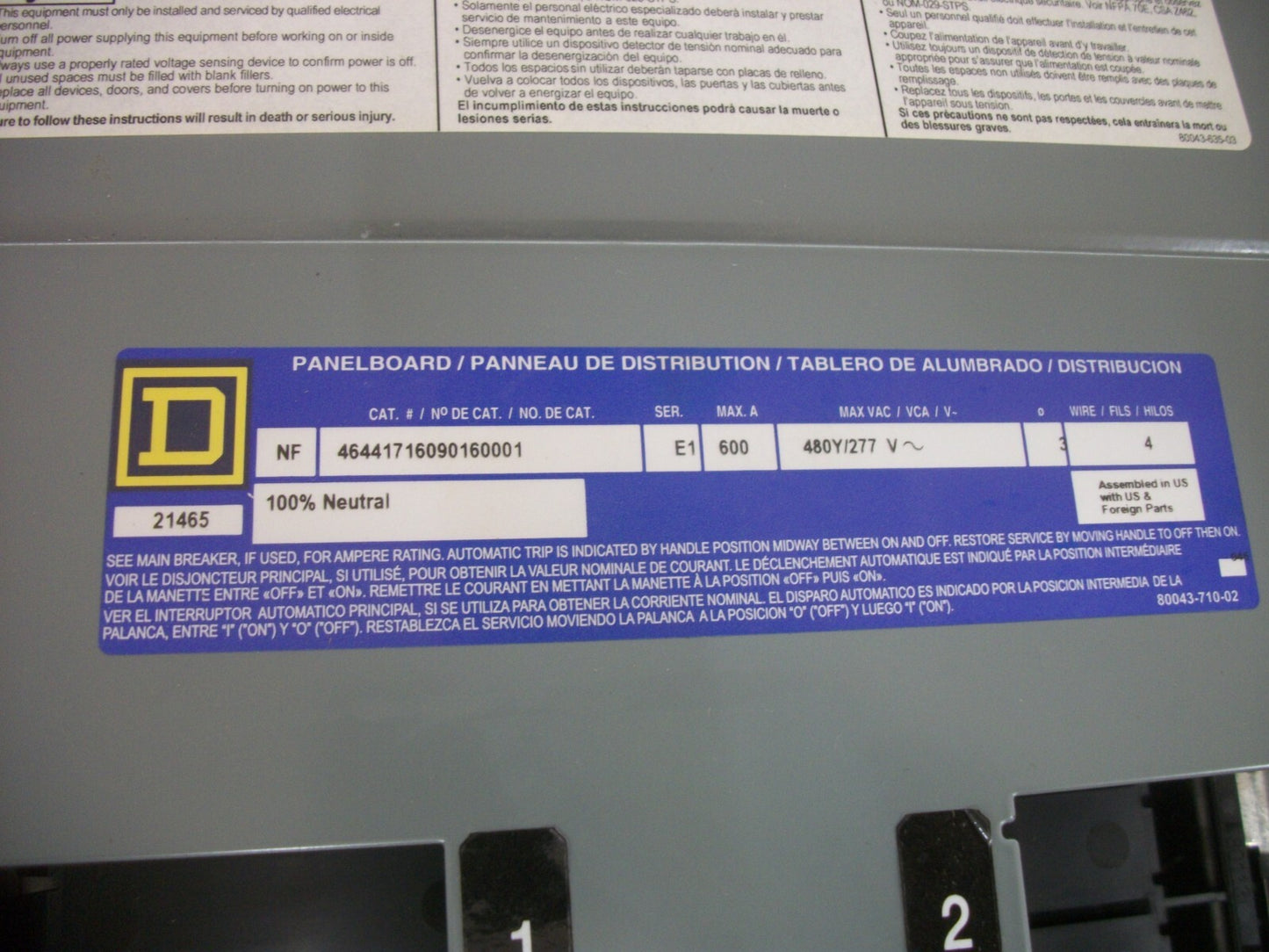 SQUARE D NF LOAD CENTER PANELBOARD NF46441716090160001 600AMP 480Y/277VOLT 3PH