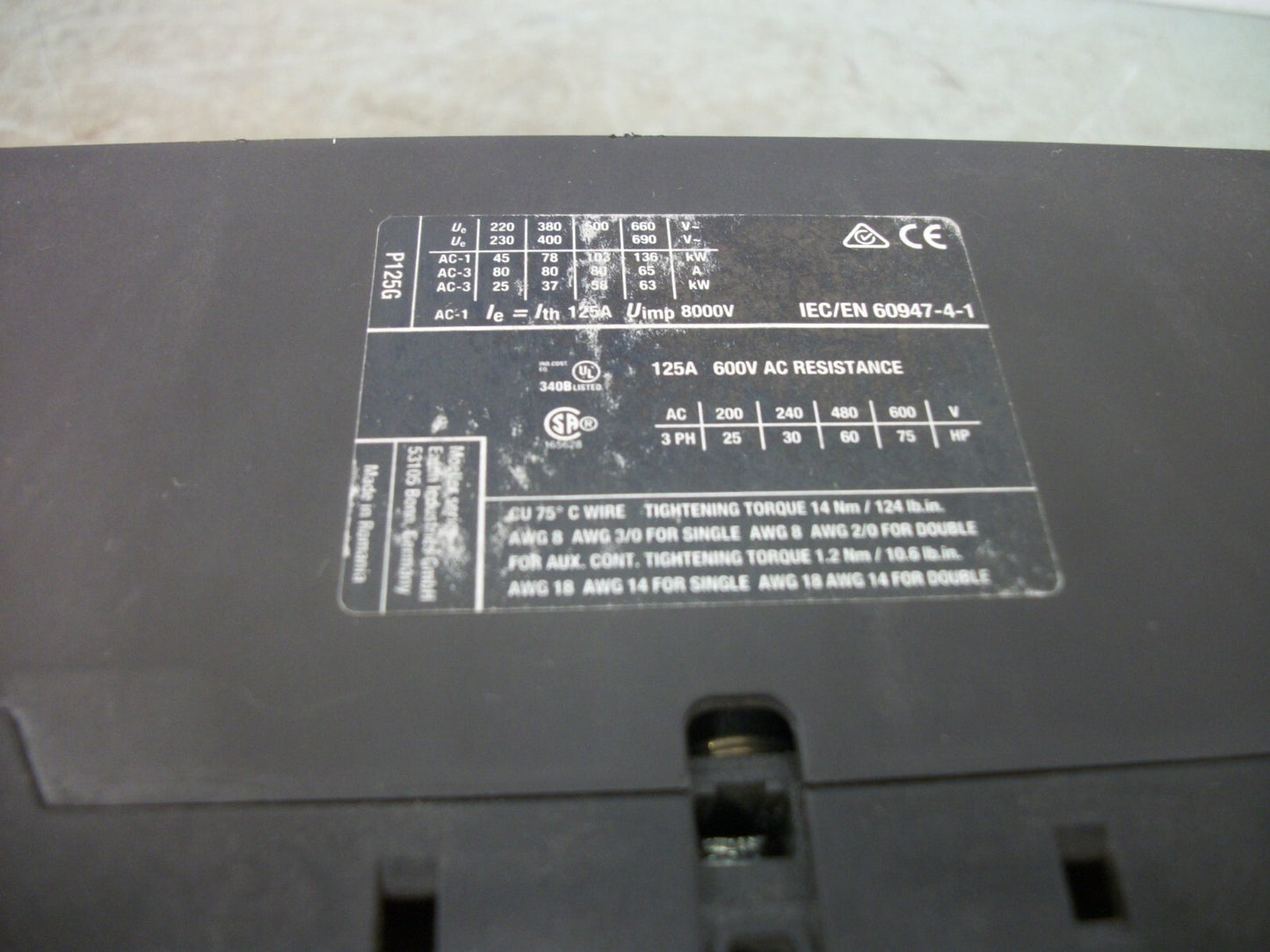 CUTLER-HAMMER DIL MP125 CONTACTOR XTCF125G 125AMP 120VCOIL 3PH 600V 75HP NOB