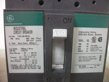 GE TED CIRCUIT BREAKER TED136150WL 150AMP 600VOLT 3POLE GREEN